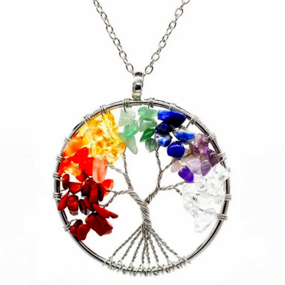 Natural 7 Chakra Handmade Quartz Necklace with Tree of Life Pendant